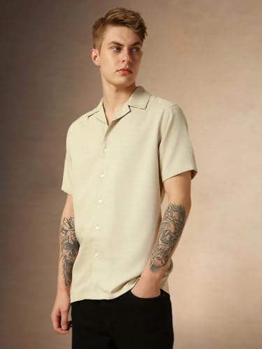 Image of Dennis Lingo Men's Half Sleeve Cuban Collar Solid Textured Relaxed Fit Casual Shirt