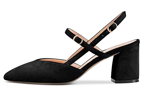 Aachcol Women Chunky Block Mid Low Heel Pumps Ankle Strap Slingback Pointed Toe Dress Shoes Office Party Wedding Suede 2.5 Inch2