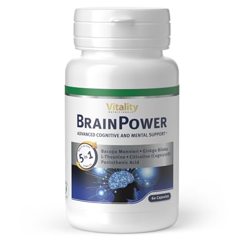 Brain Power Kapseln mit Ginkgo Biloba, Brahmi, L-Theanin, Koffein (60 Stk) Brain Booster Komplex für Arbeit, Uni, Gaming; Gehirnleistung, Konzentration & Gedächtnis Kapseln Vitality Nutritionals