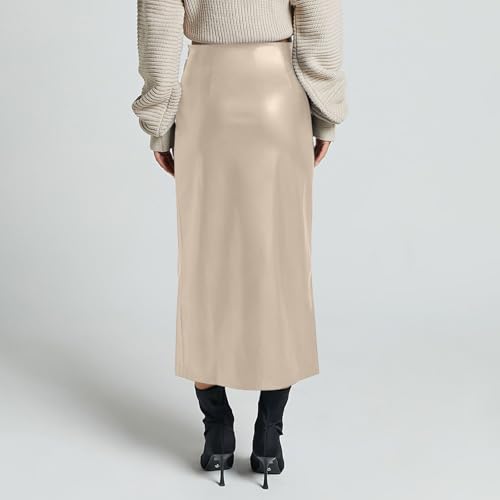 Womens Long Faux Leather Side Slit Skirt Solid Color Bodycon High Waist Slim Pencil Midi Skirt 2025 Trendy4