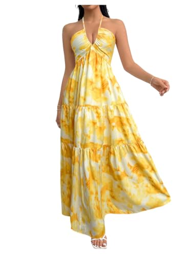 Image of SHENHE Women's Deep V Neck Tie Knot Backless Halter Dress A Line Flowy Ruffle Maxi Dress