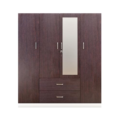 Image of VIKI Wardrobe | Wooden Almirah for Clothes,Door for Bedroom, 4 Door Wardrobe with Drawer, Mirror & Hanging Space (White & Wenge - 40D x 160W x 180H) | 1 Year Warranty | Free Assembly