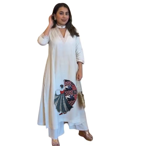 Women's Cream Color Khadi Cotton Kurti with Traditional Dancer Doll Embrodery Work, V-Neck, 3/4 Sleeves, Casual Wear Kurta Set