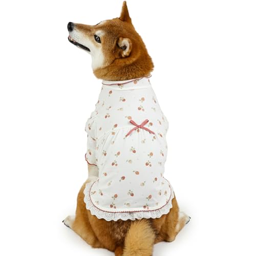ペットパラダイス 犬 服 冬 いちご柄 ペティヒート Tシャツ 保温 暖かい 防寒 防寒対策 インナー 室内着 軽量 発熱 伸縮 ブランド カジュアル おしゃれ かわいい かっこいい あったか 着せやすい ホワイト 中型犬 【参考 SM 柴犬 ビーグル (