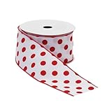 Set Of 2 Wired Christmas Craft Ribbons Features a polka dot pattern in red and white tones Wired edges for easy bending and shaping Recommended for indoor use only Each spool measures 2.5 inches wide by 5 yards long