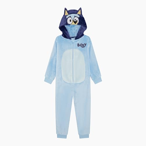 Bluey Official Boys or Girls Unisex Hooded Fleece Onesie with 3D Ears, All in One Cosy Loungewear Pyjamas, Blue, Age 2-3 Years