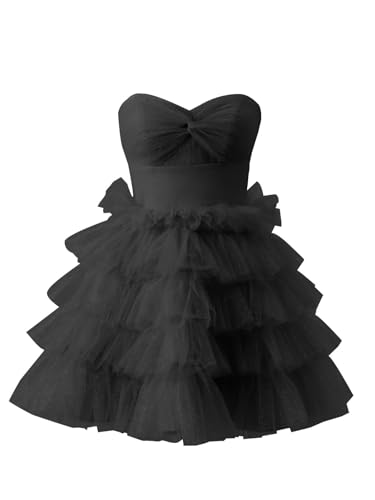 Zepumen Sparkly Tulle Homecoming Dresses for Teens 2025 Strapless Tiered Short Prom Cocktail Party Gowns
