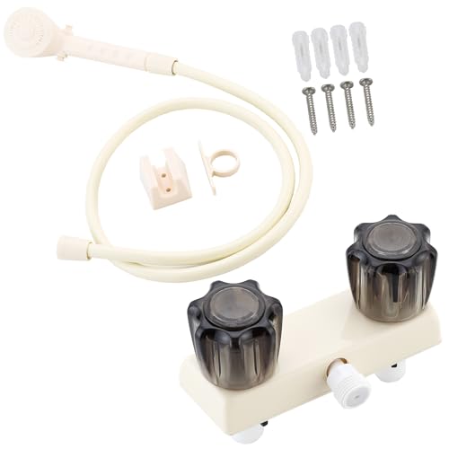Image of RV Shower Faucet with Hose and Head, RV Outdoor Shower Kits, RV Tub Faucet with Shower Diverter Outdoor Shower Kit Fits for RV /Campers,Travel Trailer,Motorhome (Shower Faucet Kit, Milky White)