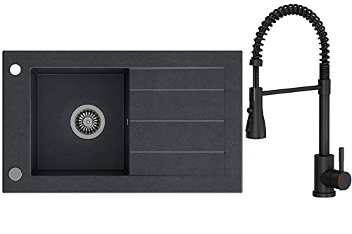 VBChome Spülbecken Premium 77x46 mit Armatur Schwarz Granitspüle Spüle Einbauspüle Abtropffläche Einzelbecken mit Siphon Fleckenabweisend Pflegeleicht Modernes Modell