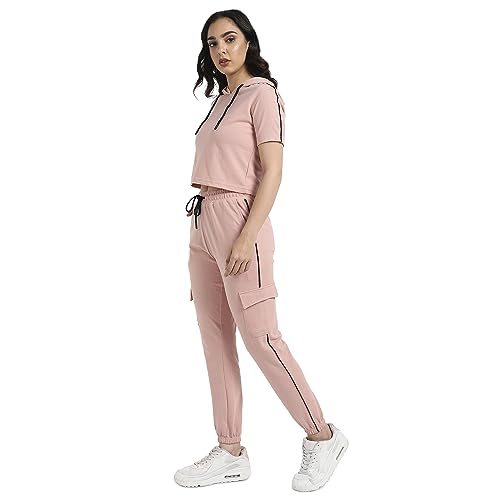 Image of PINACOLADA Women's Hooded Co-Ord Set With Contrast Piping For Casual Wear | Hooded Neck | Short Sleeve | Drawstring Closure | Cotton Co-Ords Crafted With Comfort Fit For Everyday Wear