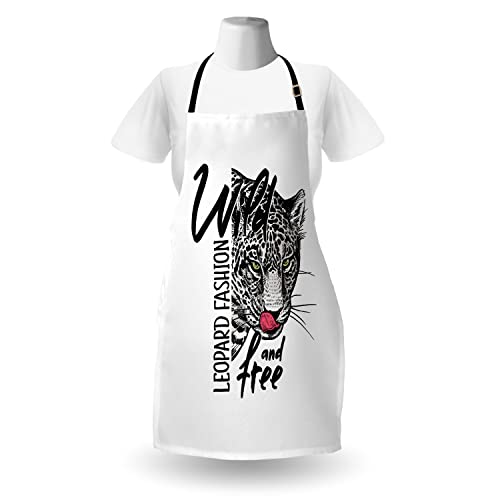 Ambesonne Leopard Apron, Wild And Free Lettering With Spotted Savage Predator Big Jungle Cat, Unisex Kitchen Bib With Adjustable Neck For Cooking Gardening, Adult Size, Charcoal Grey Green Pink #TOP1
