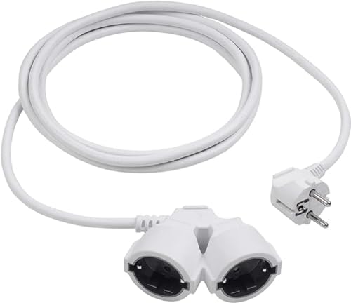 Meister Prolunga con contatto di protezione con doppio accoppiamento, cavo da 3 m, colore bianco, tubo in plastica, IP20, per interni, accoppiamento con protezione da contatto, prolunga Schuko, cavo