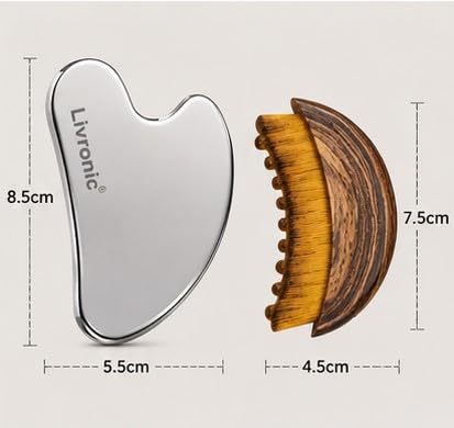 Image of Livronic Premium SS Gua Sha Tool For Face | 100% 304 Stainless Steel Gua Sha | Facial Tools Metal Gua Sha | Tighten Skin Care Tools | Beauty Tool For Body Eyes Neck Massager Lymphatic Drainage, Sculpting & Neck Massage (GUA SHA + FACE BRUSH)
