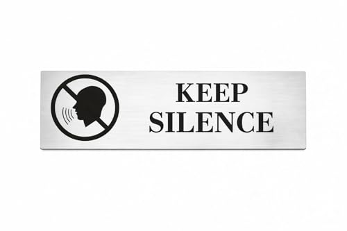 Image of Brushed Silver PVC Office Sign with Double-Sided Tape | Durable 10x3 Inch Signage for Clinics, Malls, Gyms & Hospitals - Available in Silver & Gold (Brushed Silver /, Keep Silence)