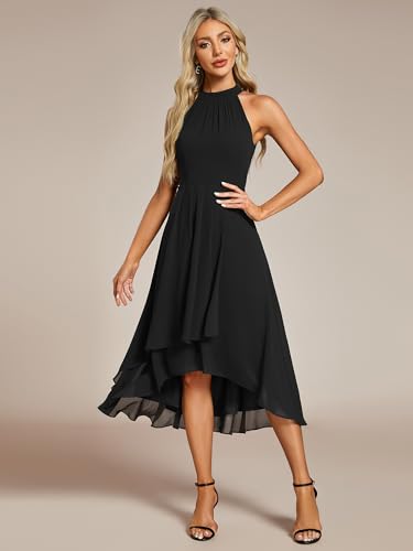 Image of Ever-Pretty Women's Halter Chiffon Midi Cocktail Wedding Guest Dress | High Low, Pleated, Summer Semi Formal Dress, Mother of the Bride Dress