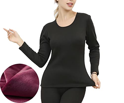 Sous-vêtement thermique femme en cation haut de gamme noir à col rond pour l'hiver