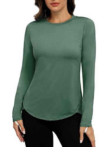 PINSPARK Sport Shirt Damen Schlanke UPF 50+ Sportshirt Draussen Ausbildung Rashguards Herbst Rundhals Seite Split Langarmshirt Athletisch Lässig Fitness Yoga Tops Dunkelgrün s