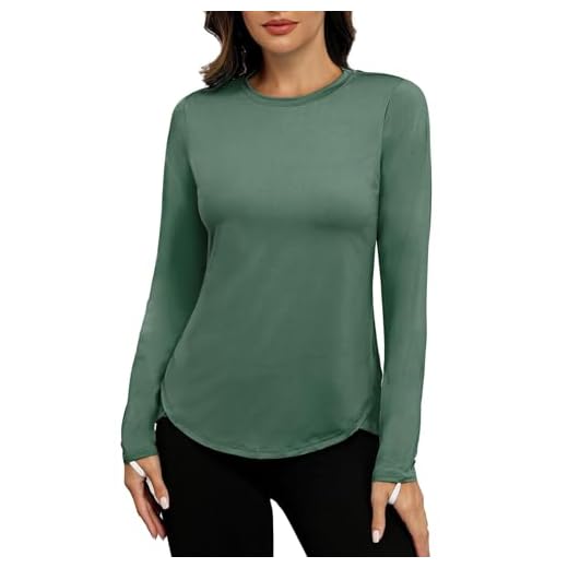 PINSPARK Sportshirt Damen Langarm Rashguards UPF 50+ Uv-Schutz Shirt Sommer Sonnenschutz Shirt Rundhalsausschnitt Laufshirt Draussen Gym Trekking Funktionsshirt Dunkelgrün l