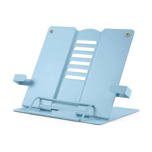Image of Volo Portable Metal Book Stand Holder - Adjustable, Foldable Design for Desktop Use - Ideal for Cookbooks, Textbooks, Sheet Music, and More - Convenient Book Organizer (Blue)