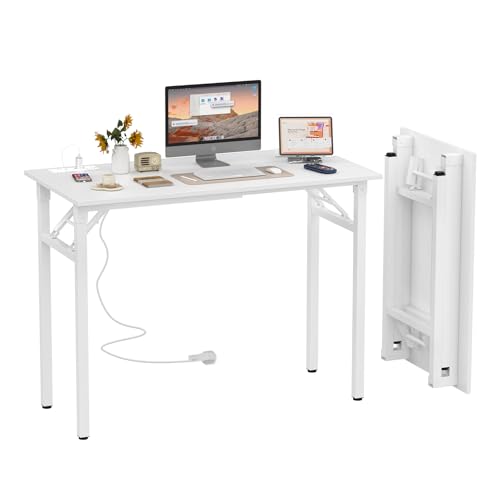 Lvhecforhm Mesa Escritorio Plegable, Mesa de Ordenador Escritorio con Puerto y Toma de Carga USB, Pequeño Mesa Auxiliar Plegable, Blanco Mesa Ordenador, Ahorra Espacio 100x50x76cm