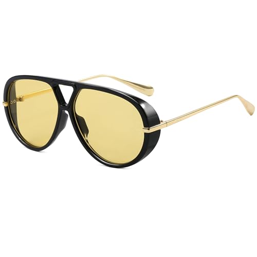 Reviews de Lentes Ferrioni que puedes comprar esta semana. 42 SevenColor - anteojos de sol estilo aviador de gran tamaño para mujeres y hombres, estilo retro, con escudo redondo, estilo clásico, Negro/Amarillo, MM