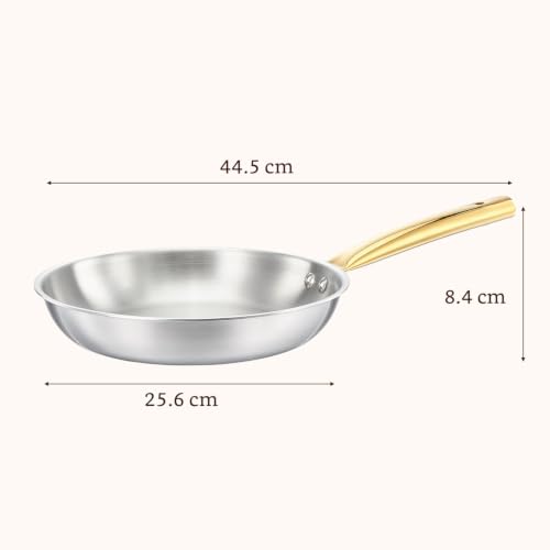 Image of Amazon Brand - Solimo Premium Triply Stainless Steel Frypan 24cm (1.7L) | Even Heating Triply Base | Gas & Induction Compatible | SS 304 Food-Grade | Dishwasher Safe | Elegant Golden Handles | BIS Certified