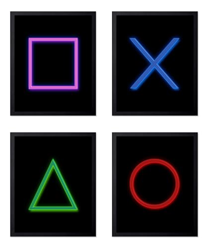 Poster Master Póster de juegos de 4 piezas, impresión minimalista, regalo para artistas, amigos, jugadores, iconos de neón, Playstation, formas, botones de consola, decoración de pared para