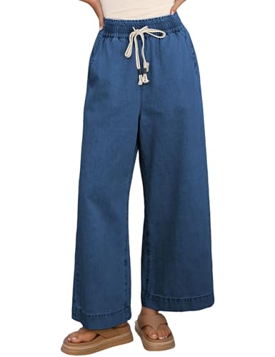 Springrain Wide Leg Jeans for Women High Waisted Elastic Drawstring Baggy Denim Pants with Pockets (DarkBlue-M)