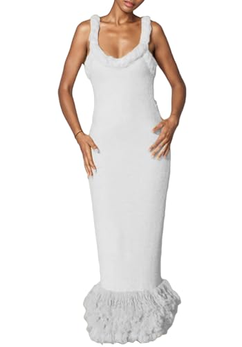 LAJIOJIO Women's Fringe Hem Sleeveless Package Hip Dresses Backless Bodycon Party Long Pencil Dress