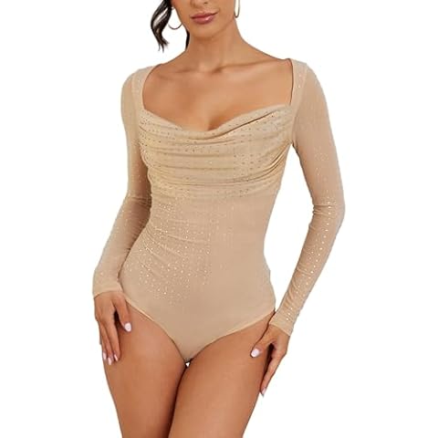 SEBOWEL Womens Rhinestone Sheer Mesh Bodysuit Glitter Sparkly Square Neck Long Sleeve Bodysuit Ruched Sheer Going Out Tops, Nude, XL Cover