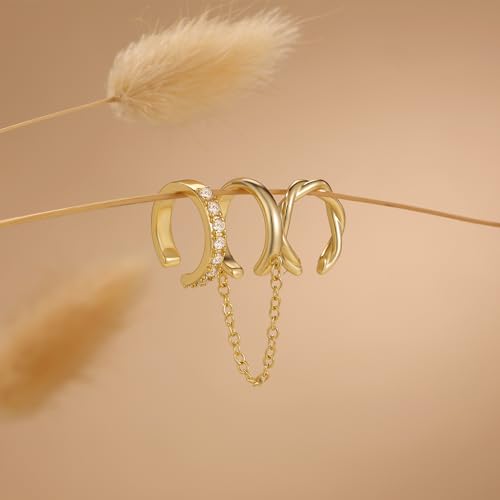 Picuzzy Gold Ear Cuffs Earrings for Women Non Piercing, 14k Gold Plated Cuff Earrings for Women Trendy Stack Stackable Hypoallergenic Dainty Cubic Zirconia Cartilage Hoop Chain Earring Jewelry Set