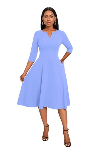 Image of Nmoder Midi Dresses for Women A-Line Fit and Flare Dress 3 /4 Sleeve V Neck Cocktail Wedding Guest Work Dress with Pockets