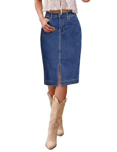 luvamia Denim Skirts for Women Knee Length Stretchy Jean Size 16 Cowgirl Denim Midi with Slit Casual...