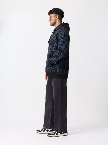 Image of The Souled Store Calligraphy Men and Boys Full Sleeves Hooded Neck Black and Blue All Over Print Cotton Blend Fleece Drop Shoulder Everyday Streetwear Oversized Fit Pullover Hoodie