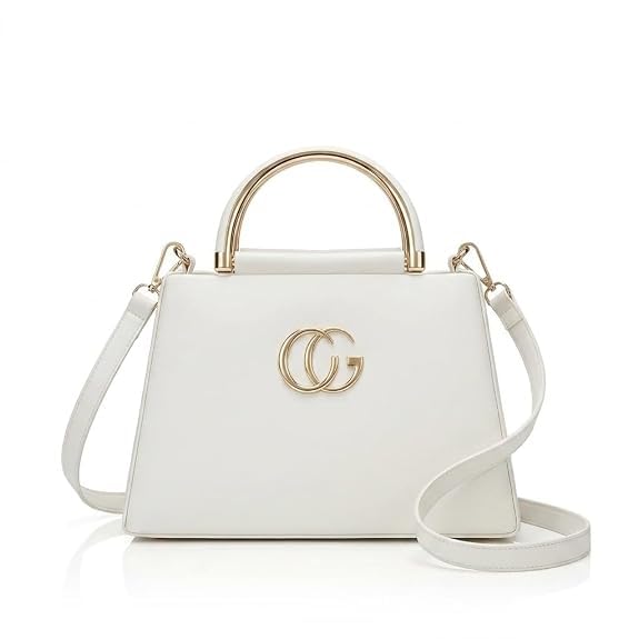 Women's White Structured Top Handle Handbag with Gold Metal Handles-picture-44