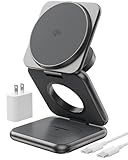 Foldable 3 in 1 Charging Station, Qi2 Certified 15W Magnetic Wireless Charger Stand, KU XIU X40Q Aluminum Alloy Travel Charger for iPhone 16/15/14, 5W for Apple Watch, AirPods, 45W PD Adapter, Gray