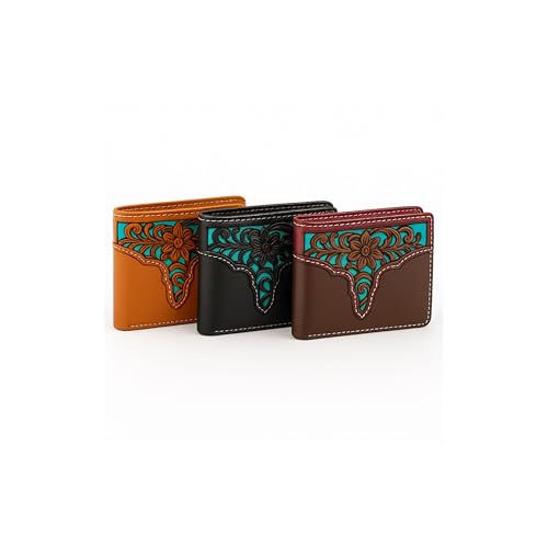 Men’s Western Leather Wallet – Laser Cut Floral Design with Teal Accent, Bi-Fold Cowboy Rodeo Style (Coffee)2