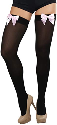 Image of ToBeInStyle Women's Opaque Long Thigh High Stockings w /Decorative Front Satin Bow