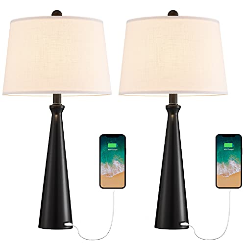 Oneach 25.8” Modern Table Lamps With Usb Port Set Of 2 Accent Gold Nightstand Lamp For Living Room Bedroom Office Black #TOP2