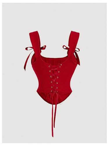 SHENHE Women's Bow Tie Lace Up Vintage Corset Bustier Backless Fitted Sleeveless Crop Tops2