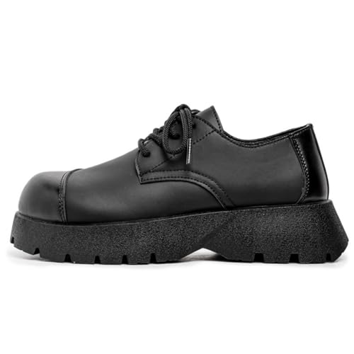 Mens Leather Lace Up Platform Dress Oxford Shoes Casual Mid-Top Chunky Heels Loafers for Formal Business Wedding Walking Black