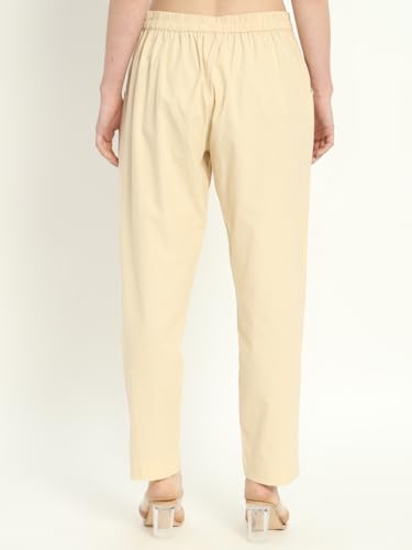 Image of Women's Solid Straight Fit 100% Cotton Trousers | High Waist, Side Pockets, Ankle Length Pants for Office, Casual