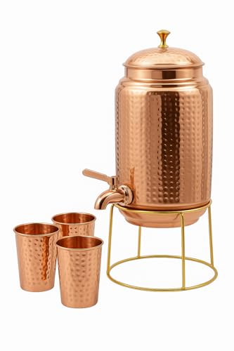 Pure Copper Hammered Water Dispenser Storage Water Tank with Tap and set of 4 Copper Glass | Water Pot | Water Storage Tank | 10 Ltr Capacity | 338 Oz