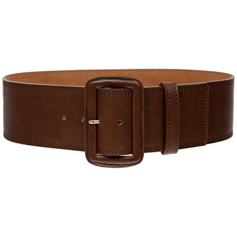 Women's 3" Wide High Waist Fashion Stitch Rectangular Leather Belt, Brown | S/M - 32" Cover