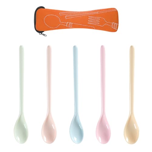 5 Cucharas Con Mango Y 1 Bolsa Para Cubiertos, Cucharas De Plástico, Cucharas Irrompibles, Cucharas Para Mezclar, Cucharas Para Niños, Cucharas Para Mermelada