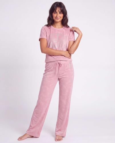 Image of Juicy Couture Women's 2 Piece Velvet Fleece Short Sleeve Shirt and Pants Lounge Sleepwear Set