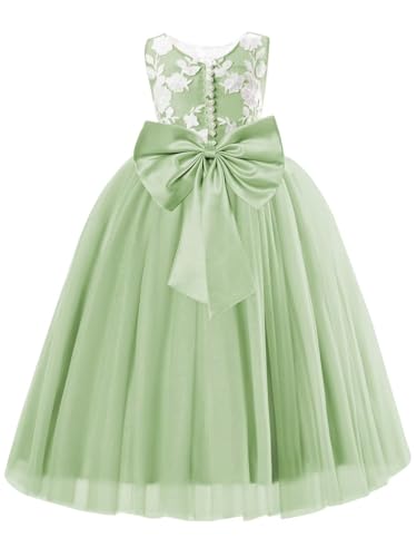 Lace Applique Flower Girls Dresses Tea Length Glitter Tulle Kids Princess Birthday Pageant Party Gowns with Bow-Knot