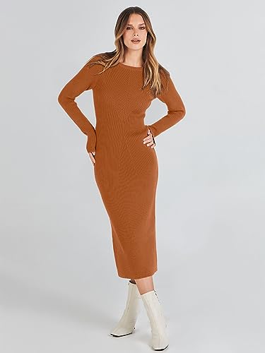 Image of ANRABESS Women Long Sleeve Sweater Dress Crewneck Bodycon Stretch Slim Fit Ribbed Knit Midi Dresses 2025 Fall Trendy Outfits Rust Small