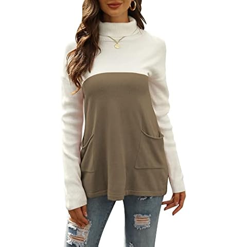 Womens Casual Loose Sweater Color Block Knit Jumper Turtleneck Pullover Comfy Tops with Pocket Brown Cover