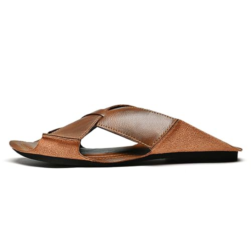 Men's leather fashion casual slides sandals, comfortable lightweight non-slip soft bottom slide sandals summer outdoor leisure beach sandals，Premium leather slides3